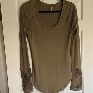 Free People Olive Embroidered Long Sleeve Top